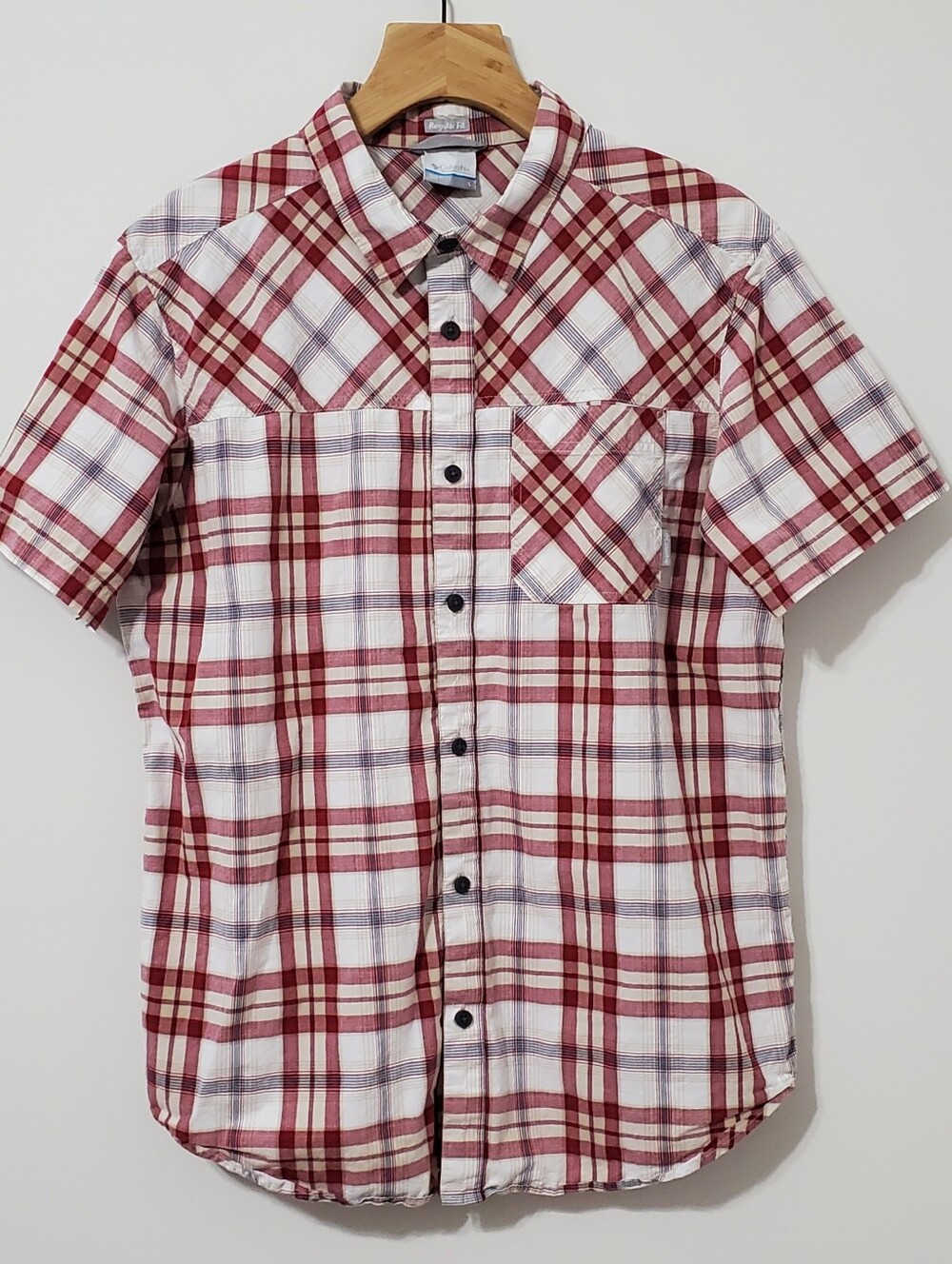 Columbia Red Plaid Short Sleeve Button Up Cotton Shirt Mens Large